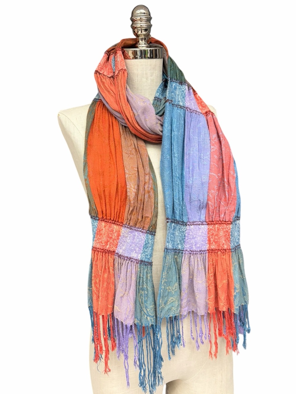 Raj Colorful Patchwork Crinkle Scarf Rayon Fringe Boho Hippy Made in India